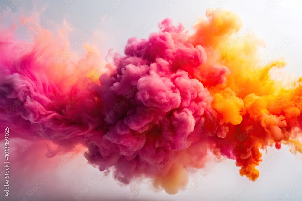 Fototapeta premium Electric pink orange smoke splash white background fiery sunset sky