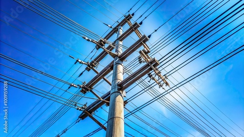 Electric pole and cables against clear blue sky