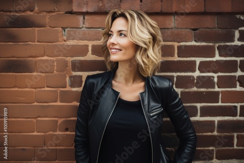 Portrait of a glad woman in her 40s dressed in a stylish blazer in front of vintage brick wall