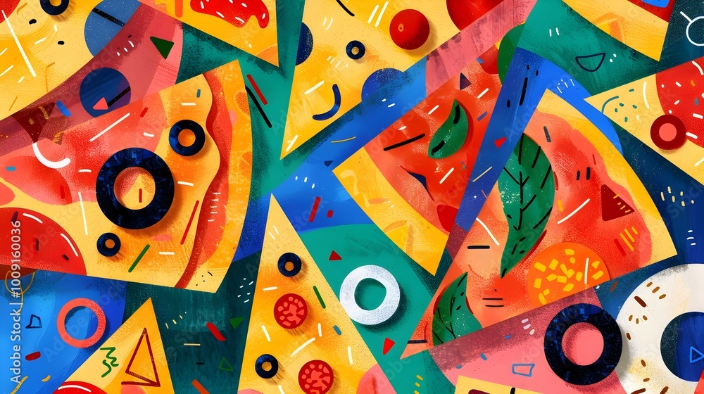 Geometric Pizza Slices Vivid Primary Colors and Textured Toppings in MidCentury Modern Style Geometric Pizza Slices Vivid Primary Colors and Textured Toppings in MidCentury Modern Style