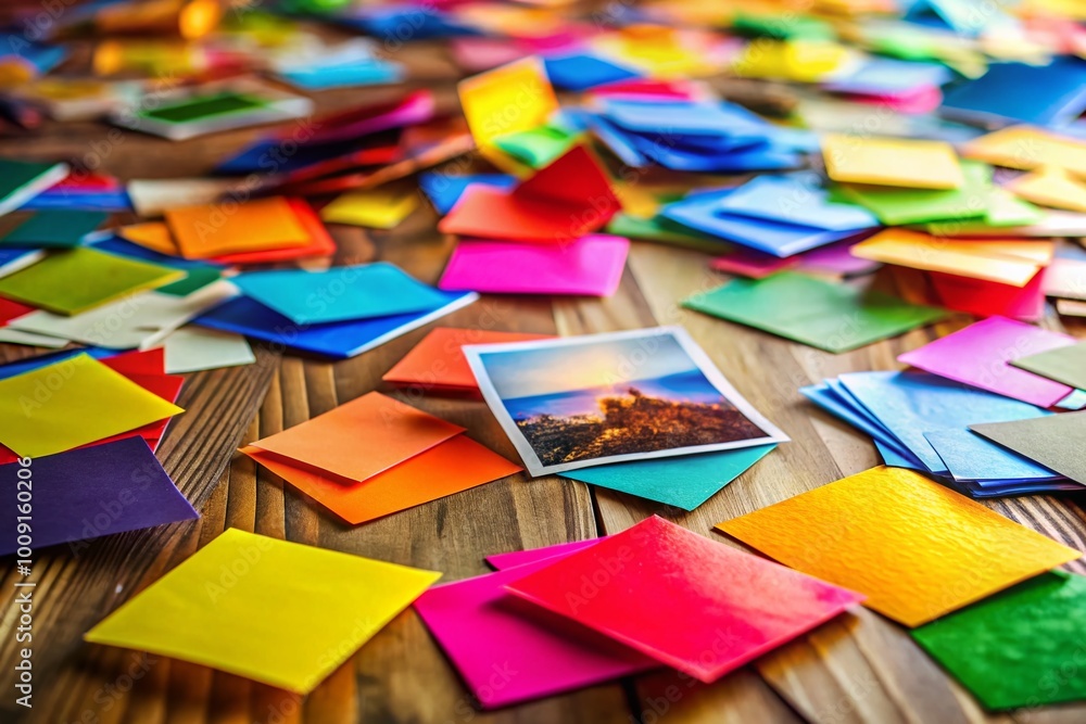 Fototapeta premium Colorful slips of paper scattered on the table for reminders, notes, or creative inspiration ideas