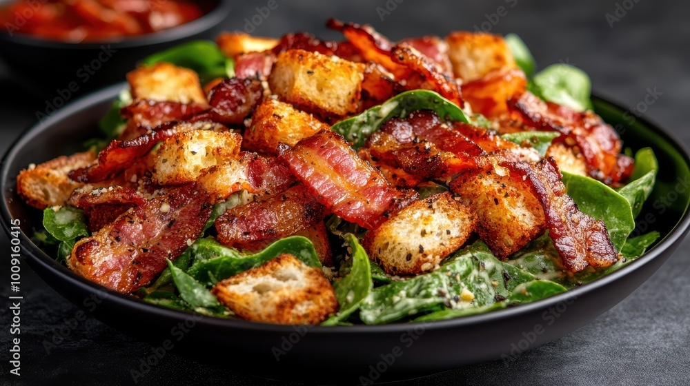 This hearty salad is a flavorful combination of crispy bacon, seasoned croutons, and fresh greens, delivering a satisfying culinary experience for all tastes. This hearty salad is a flavorful combination of crispy bacon, seasoned croutons, and fresh greens, delivering a satisfying culinary experience for all tastes.