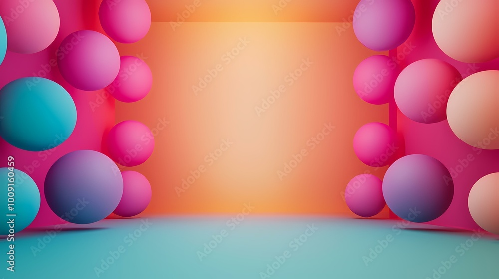 A bright orange background with a teal floor, and large pink and blue orbs surrounding the space. A bright orange background with a teal floor, and large pink and blue orbs surrounding the space.