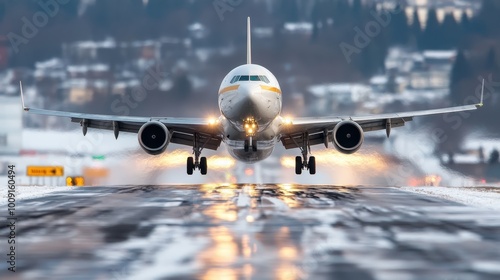 An airplane lands effortlessly on a snow-covered runway, against a scenic backdrop, showcasing the harmony between man-made technology and natural beauty.