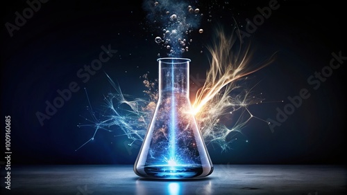 Electric sparks in a chemical beaker with dark background reflected