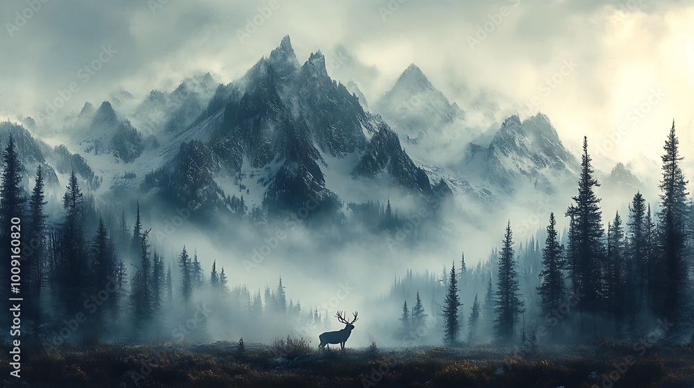 Fototapeta 42. A wildlife art piece where animals blend into a misty mountain landscape, forming a dynamic connection between nature’s creatures and the human figure in layered imagery