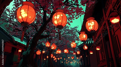 Traditional red lanterns sway under cherry blossom trees, creating a festive and vibrant street scene.