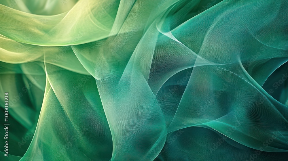 A flowing abstract design with soft, translucent waves in shades of green and blue. A flowing abstract design with soft, translucent waves in shades of green and blue.