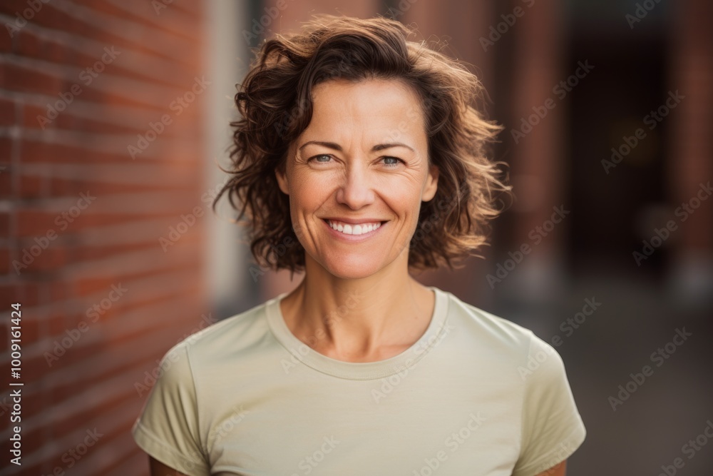 Portrait of a grinning woman in her 40s sporting a breathable hiking shirt in front of vintage brick wall Portrait of a grinning woman in her 40s sporting a breathable hiking shirt in front of vintage brick wall