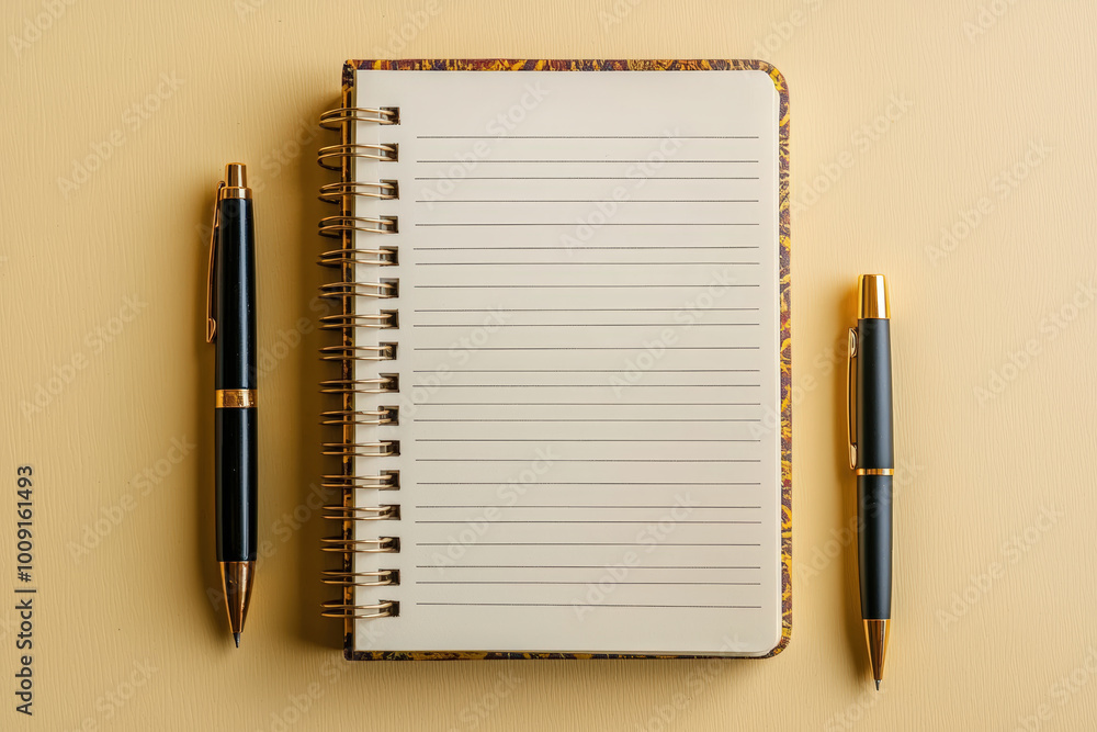 spiral bound notebook with clean to do list layout is placed on soft yellow background, accompanied by two elegant pens. This setup invites productivity and organization spiral bound notebook with clean to do list layout is placed on soft yellow background, accompanied by two elegant pens. This setup invites productivity and organization