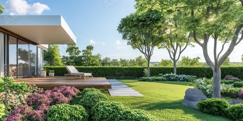 Fototapeta Naklejka Na Ścianę i Meble -  Modern house backyard trees outdoors garden.