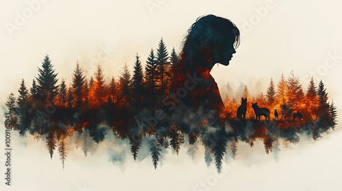 49. A wildlife scene where forest animals are layered within the silhouette of a person, creating a dynamic connection between nature’s creatures and human identity in peaceful harmony 