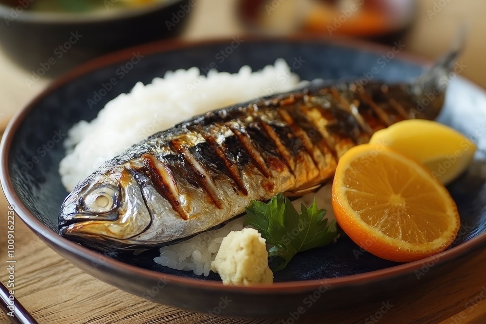 Japanese food : Grilled horse mackerel set meal - generative ai Japanese food : Grilled horse mackerel set meal - generative ai