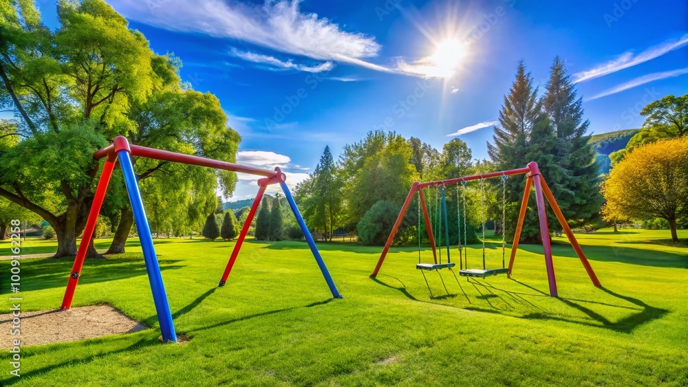 Colorful Swing Set in a Sunny Park Surrounded by Green Grass and Trees on a Clear Blue Sky Colorful Swing Set in a Sunny Park Surrounded by Green Grass and Trees on a Clear Blue Sky