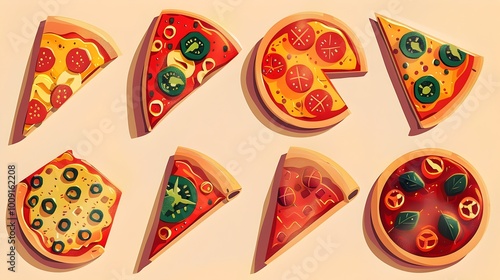 Stylized Geometric Pizza Slices Set with Vibrant Colors and Nuanced Textures photo