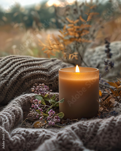 cute cozy candle in flowers photo