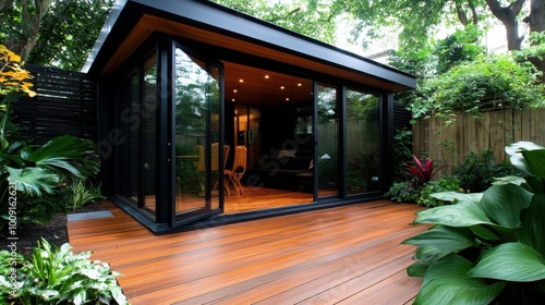 A modern extended living space highlights an elegant use of glass and wood, accented by natural plant life, forming an inviting, chic, home garden sanctuary.