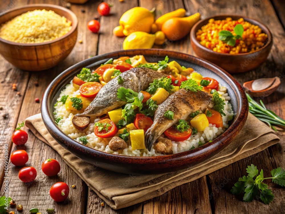Colorful Thieboudienne Dish with Rice, Fish, and Vegetables on a Rustic Wooden Table Setting Colorful Thieboudienne Dish with Rice, Fish, and Vegetables on a Rustic Wooden Table Setting