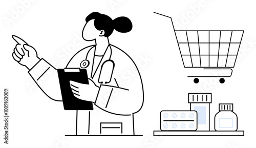 A healthcare professional holding a clipboard with medical supplies and a shopping cart. Ideal for online pharmacy concepts, medical shopping, healthcare services, telemedicine, medication provision