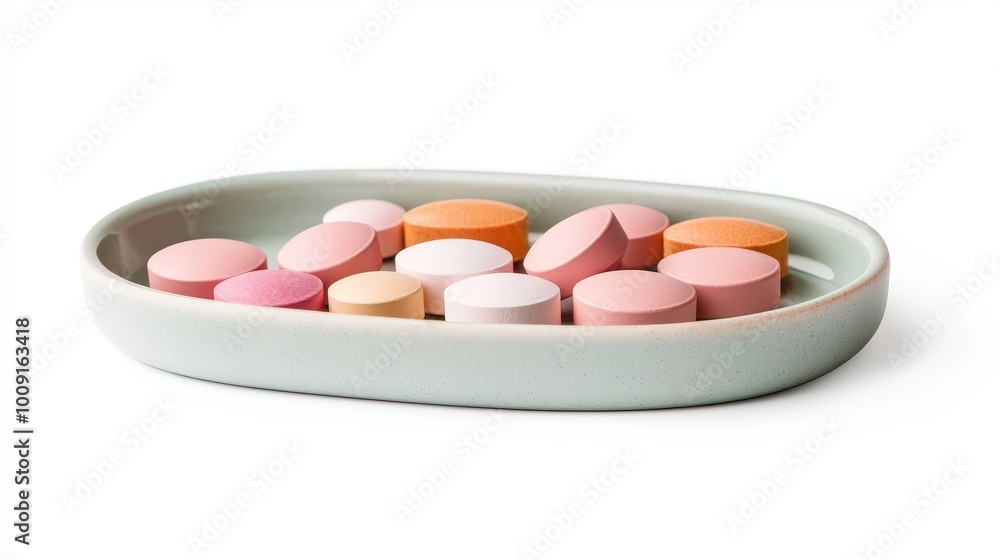 A visually appealing arrangement of colorful round tablets in a minimalistic dish, perfect for conveying themes of wellness and modern design. A visually appealing arrangement of colorful round tablets in a minimalistic dish, perfect for conveying themes of wellness and modern design.