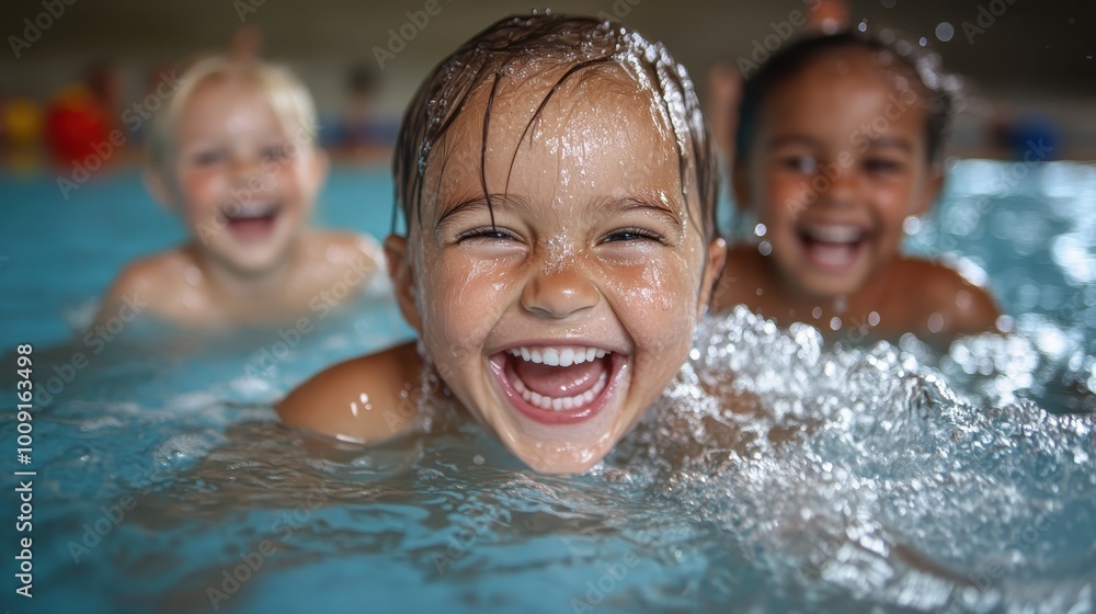 Happy children splashing in the pool, their laughter resonating with joy, exemplifying the blissful, carefree nature of youth during sunny summer days. Happy children splashing in the pool, their laughter resonating with joy, exemplifying the blissful, carefree nature of youth during sunny summer days.