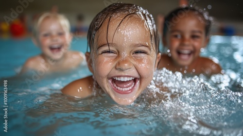 Happy children splashing in the pool, their laughter resonating with joy, exemplifying the blissful, carefree nature of youth during sunny summer days. photo