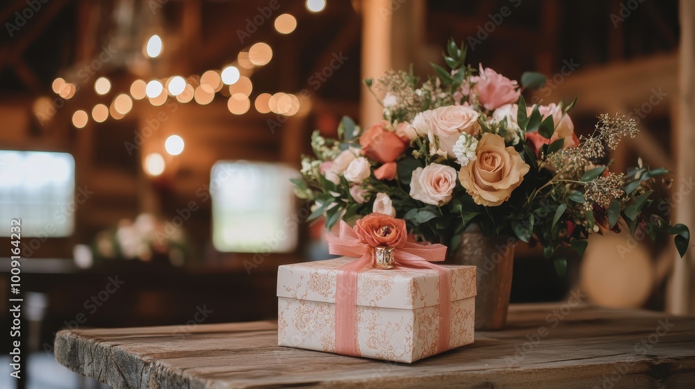Cozy Autumn Wedding Reception with Floral Centerpiece and Gift Box Cozy Autumn Wedding Reception with Floral Centerpiece and Gift Box