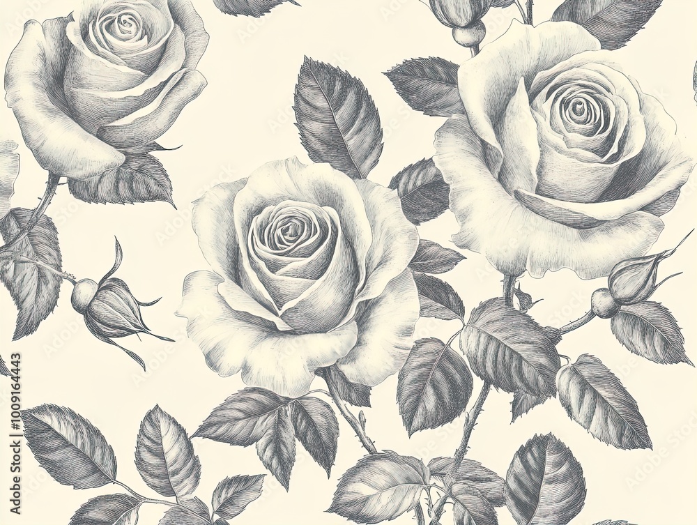 Elegant Monochrome Hand-Drawn Roses Design: Perfect as a Poster for Stylish Home Decor or Sports Interior, Featuring Delicate Petals and Leaves Against a Soft Cream Backdrop Elegant Monochrome Hand-Drawn Roses Design: Perfect as a Poster for Stylish Home Decor or Sports Interior, Featuring Delicate Petals and Leaves Against a Soft Cream Backdrop