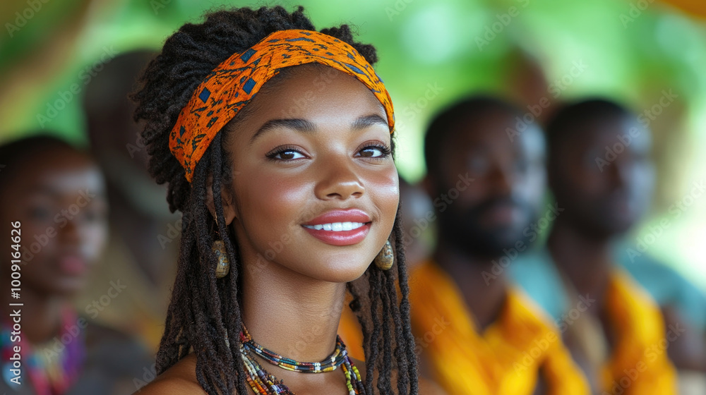 Fototapeta premium A smiling young woman wears a colorful headband while attending a cultural event surrounded by a vibrant community atmosphere
