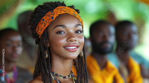 A smiling young woman wears a colorful headband while attending a cultural event surrounded by a vibrant community atmosphere