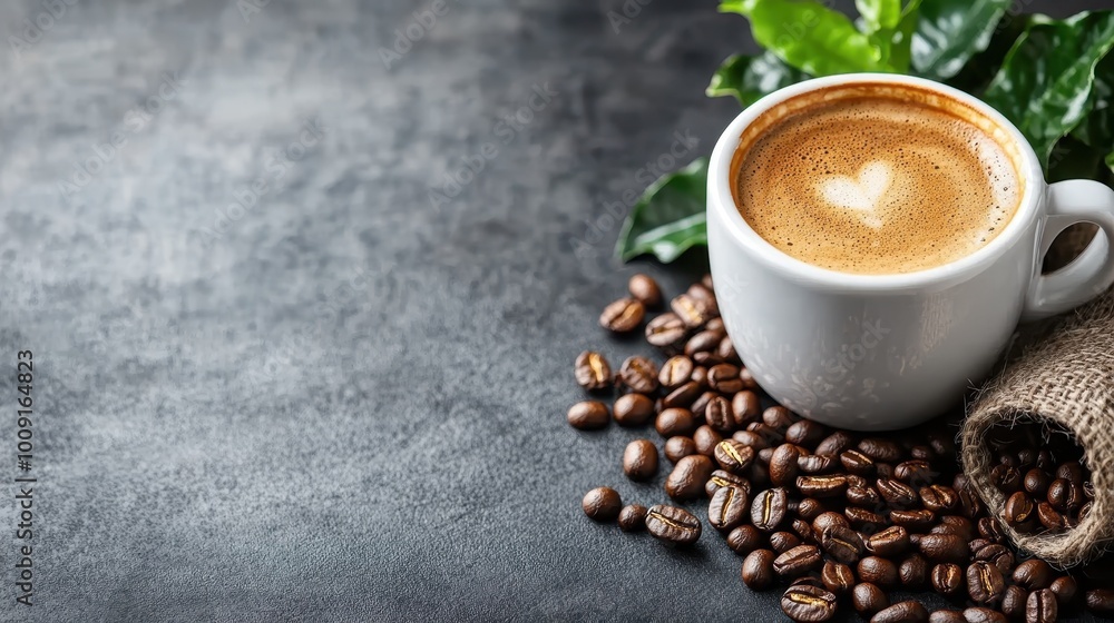 A warm cup of coffee with heart-shaped foam sits amidst spilled coffee beans on a textured surface. Fresh green leaves enhance the cozy and inviting ambiance, perfect for coffee lovers. A warm cup of coffee with heart-shaped foam sits amidst spilled coffee beans on a textured surface. Fresh green leaves enhance the cozy and inviting ambiance, perfect for coffee lovers.
