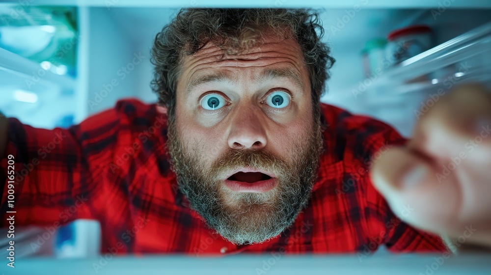 A man with a beard and wide-eyed expression opens a refrigerator door, capturing a moment of surprise and curiosity in a contemporary domestic scene. A man with a beard and wide-eyed expression opens a refrigerator door, capturing a moment of surprise and curiosity in a contemporary domestic scene.