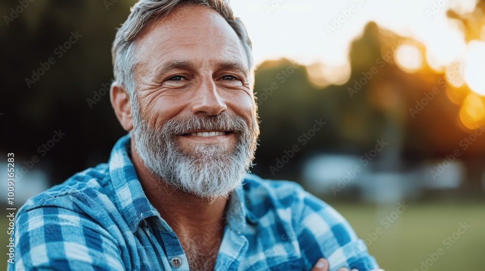 A close-up of a man with a graying beard in a plaid shirt, smiling warmly outdoors during the golden hour, depicting a sense of peace and contentment. A close-up of a man with a graying beard in a plaid shirt, smiling warmly outdoors during the golden hour, depicting a sense of peace and contentment.
