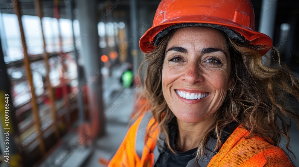 A joyful female engineer wearing an orange helmet and reflective vest beams with excitement at a busy industrial construction site, exuding professionalism and energy. A joyful female engineer wearing an orange helmet and reflective vest beams with excitement at a busy industrial construction site, exuding professionalism and energy.