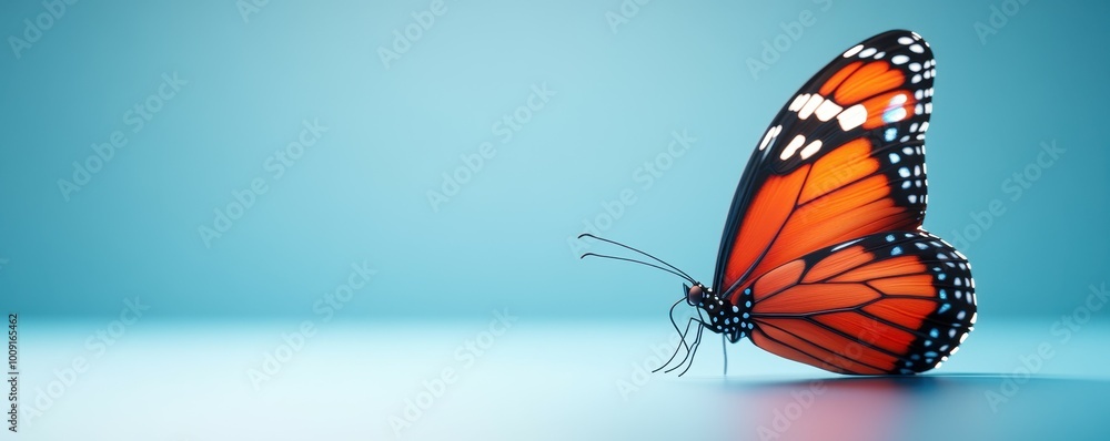 Fototapeta premium A single orange and black butterfly rests on a light blue surface.