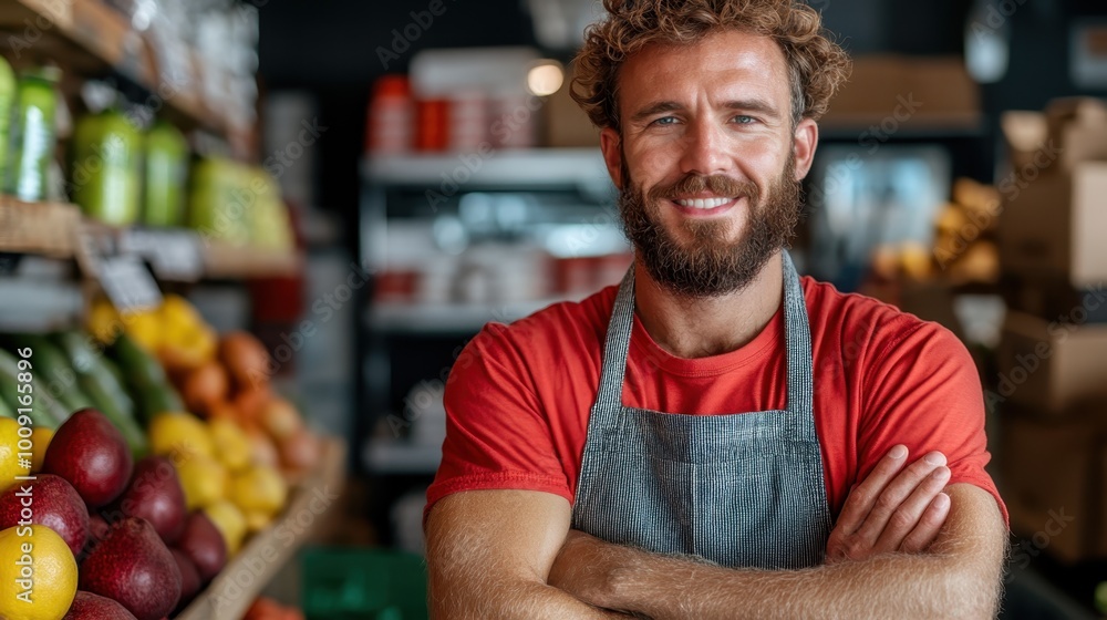 A bearded man is smiling confidently in a colorful fruit and vegetable store, wearing a red shirt and apron, embodying customer service and flourishing business. A bearded man is smiling confidently in a colorful fruit and vegetable store, wearing a red shirt and apron, embodying customer service and flourishing business.