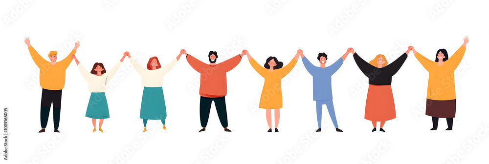 Happy people holding hands together, arms up flat style illustration Happy people holding hands together, arms up flat style illustration