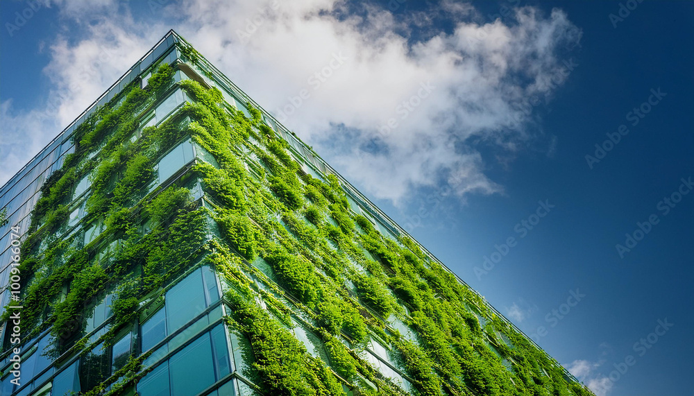 Eco-friendly building in the modern city. Sustainable glass office building with tree for reducing carbon dioxide. Office building with green environment. Corporate building reduce CO2 Eco-friendly building in the modern city. Sustainable glass office building with tree for reducing carbon dioxide. Office building with green environment. Corporate building reduce CO2