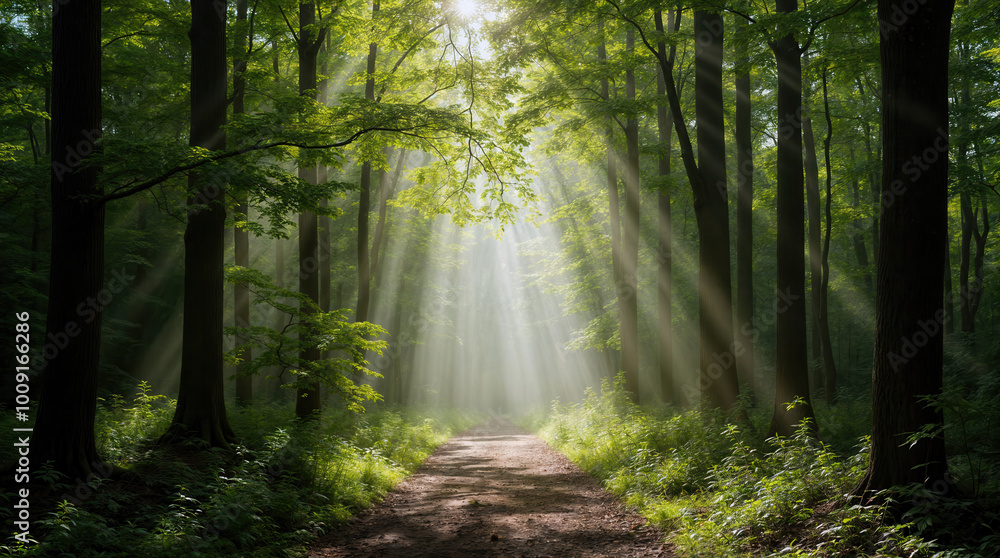 Naklejka premium Sunlit Forest Path: Ethereal Rays Illuminate Lush Green Woodland, Creating Magical Atmosphere on Dirt Trail Through Tranquil Nature Scene