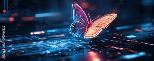 A glowing digital butterfly hovers above a circuit board. photo