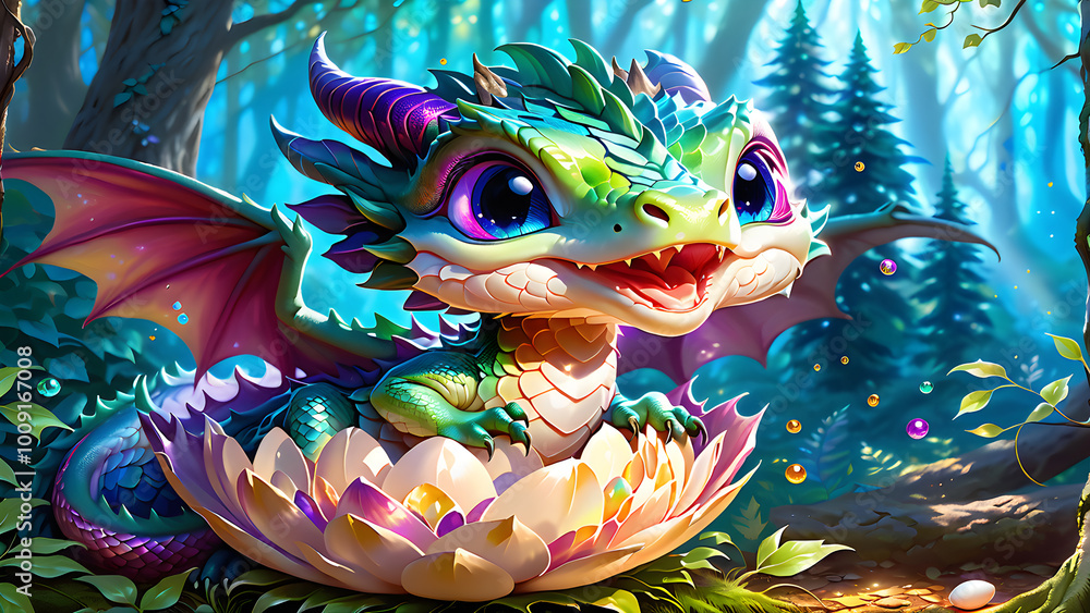 Cute baby dragon sitting in a flower in a magical forest. Cute baby dragon sitting in a flower in a magical forest.