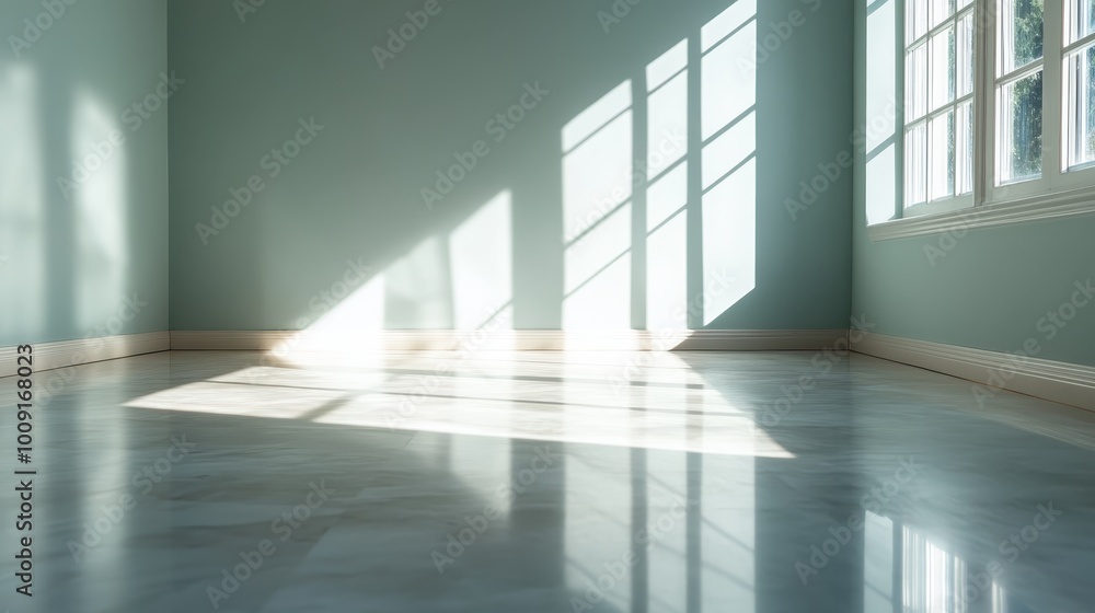 A serene, sunlit empty room with a large window casting beautiful geometric shadows on a polished floor, creating a feeling of peace and tranquility. A serene, sunlit empty room with a large window casting beautiful geometric shadows on a polished floor, creating a feeling of peace and tranquility.