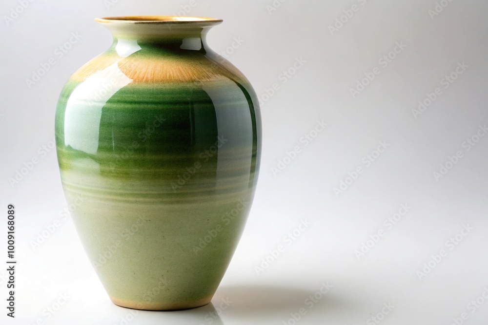 Elegant ceramic vase with green and beige gradient color displayed on a white surface Elegant ceramic vase with green and beige gradient color displayed on a white surface
