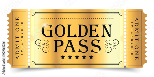 Golden pass template design isolated on white background. Festival, cinema, theater, concert, casino, circus, event. Vector illustration