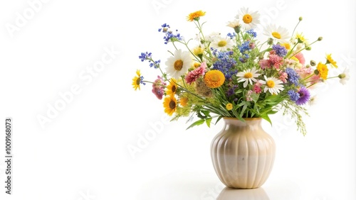 Elegant ceramic vase with wildflower bouquet isolated on white background