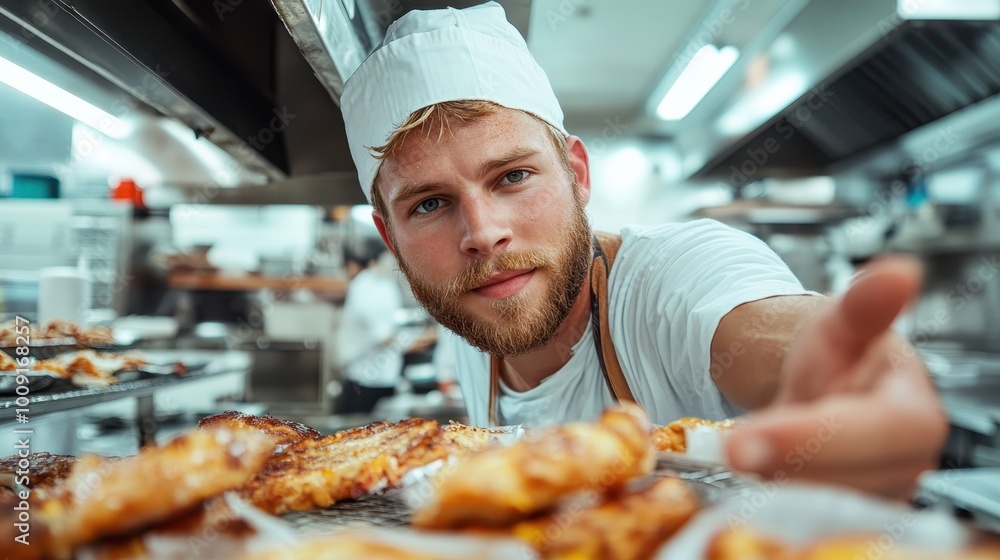 A young chef in a modern kitchen presents assorted pastries, showcasing talent and passion in culinary arts, highlighting diverse textures and golden colors. A young chef in a modern kitchen presents assorted pastries, showcasing talent and passion in culinary arts, highlighting diverse textures and golden colors.
