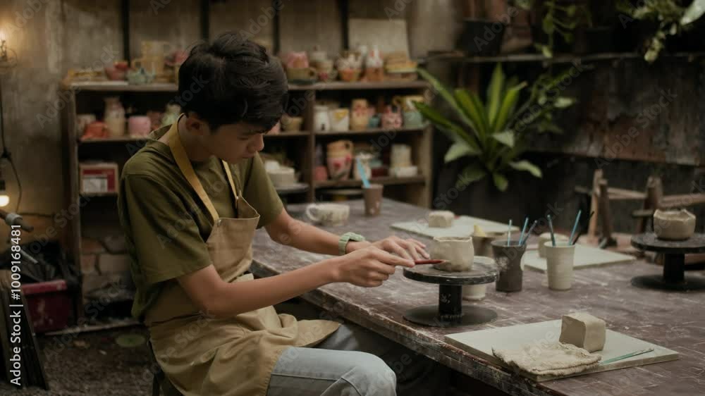 Medium long shot of Asian teenager shaping surface of clay cup at table in workshop Medium long shot of Asian teenager shaping surface of clay cup at table in workshop