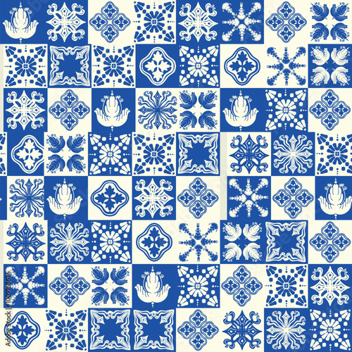 The blue and white seamless pattern displays symmetrical geometric designs. Ceramic tile traditional abstract background