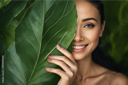 portrait einer lächelnden frau mit perfekten zähnen, die sich  hinter einem blatt versteckt