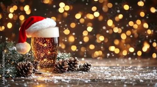 Christmas Beer with Santa Hat on Rustic Wooden Table with Pine Cones and Snow